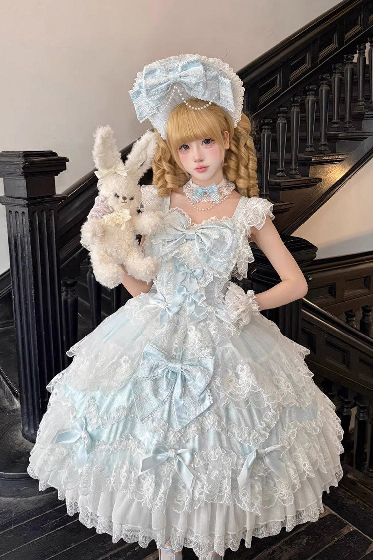 Blue [Sakura Dream Romance] Sleeveless Multi-Layered Ruffled Hanayome Bow Lace Sweet Princess Lolita Jsk Dress - Blue - 1