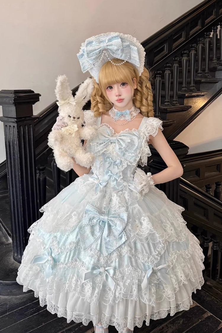 Blue [Sakura Dream Romance] Sleeveless Multi-Layered Ruffled Hanayome Bow Lace Sweet Princess Lolita Jsk Dress - Blue - 1