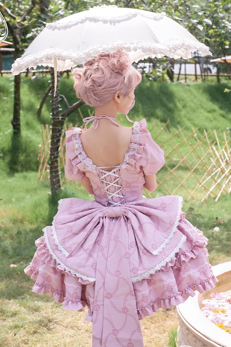 Pink Square Collar Short Sleeves Triple-Layered Ruffle Bowknot Sweet Lolita Dress - Product - 4