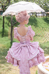 Pink Square Collar Short Sleeves Triple-Layered Ruffle Bowknot Sweet Lolita Dress - Product - 4
