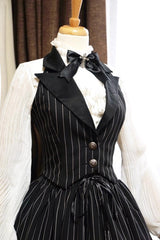 Black V Collar Stripe Print Classic College Style Elegant Lolita Vest - Black - 1