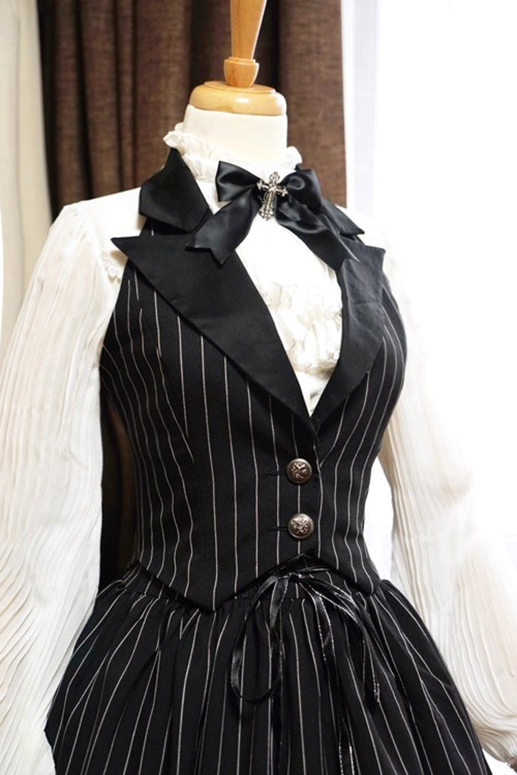 Black V Collar Stripe Print Classic College Style Elegant Lolita Vest - Black - 1