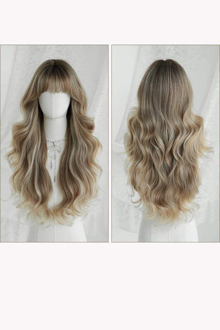 Stellar Glow Brown-Gold Balayage Lazy Vibe Long Big Wavy Wig with Blunt Bangs - Product - 7