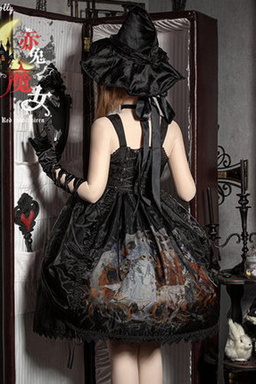 Black Lace Ruffled Organza Material Witch High Waisted Gothic Lolita JSK Dress - Product - 3
