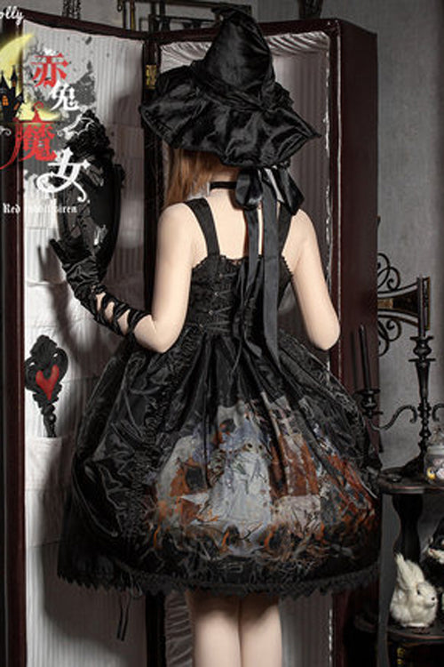 Black Lace Ruffled Organza Material Witch High Waisted Gothic Lolita JSK Dress - Product - 3