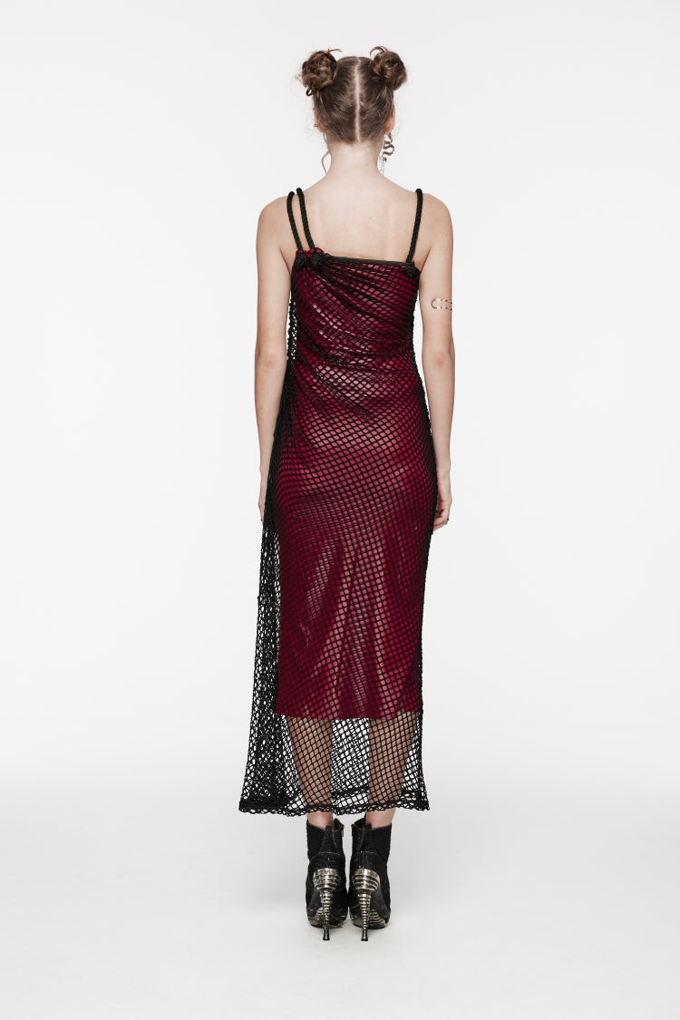 Red Off Shoulder Spliced Slim Mesh Strappy Eyelet Women's Gothic Jsk Dress - Product - 3