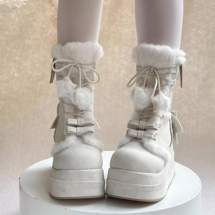 Beige Cute Platform Thick-Soled Bowknot Lace-Up Sweet Lolita Plush Boots - Beige - 1