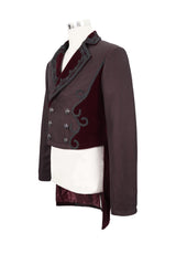 Red Front Floral Webbing Metal Retro Button Weft Velveteen Men's Gothic Tailcoat - Product - 7