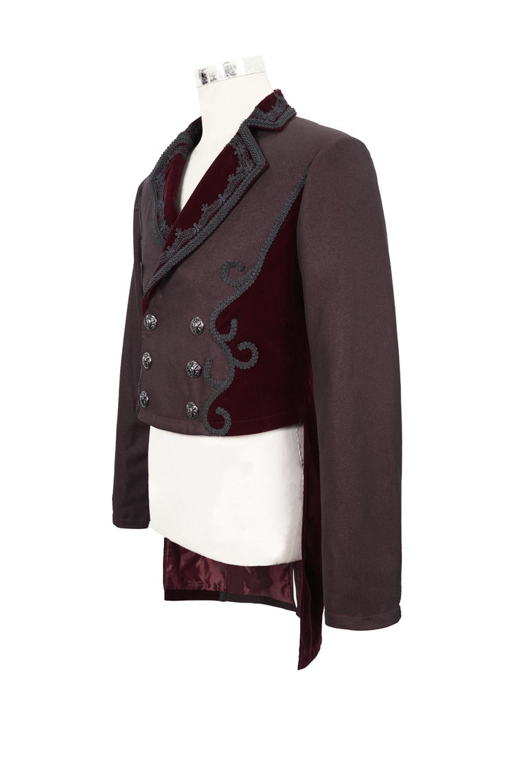 Red Front Floral Webbing Metal Retro Button Weft Velveteen Men's Gothic Tailcoat - Product - 7