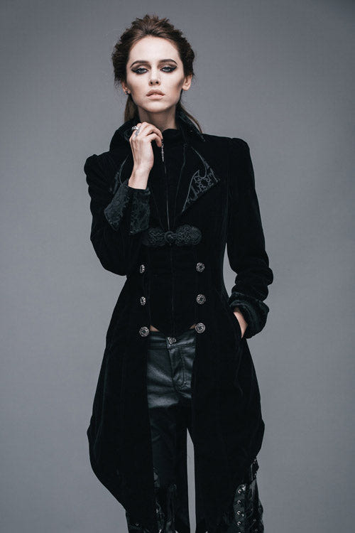 Black Embroidered High Collar Dovetail Velveteen Womens Gothic Coat - Product - 2