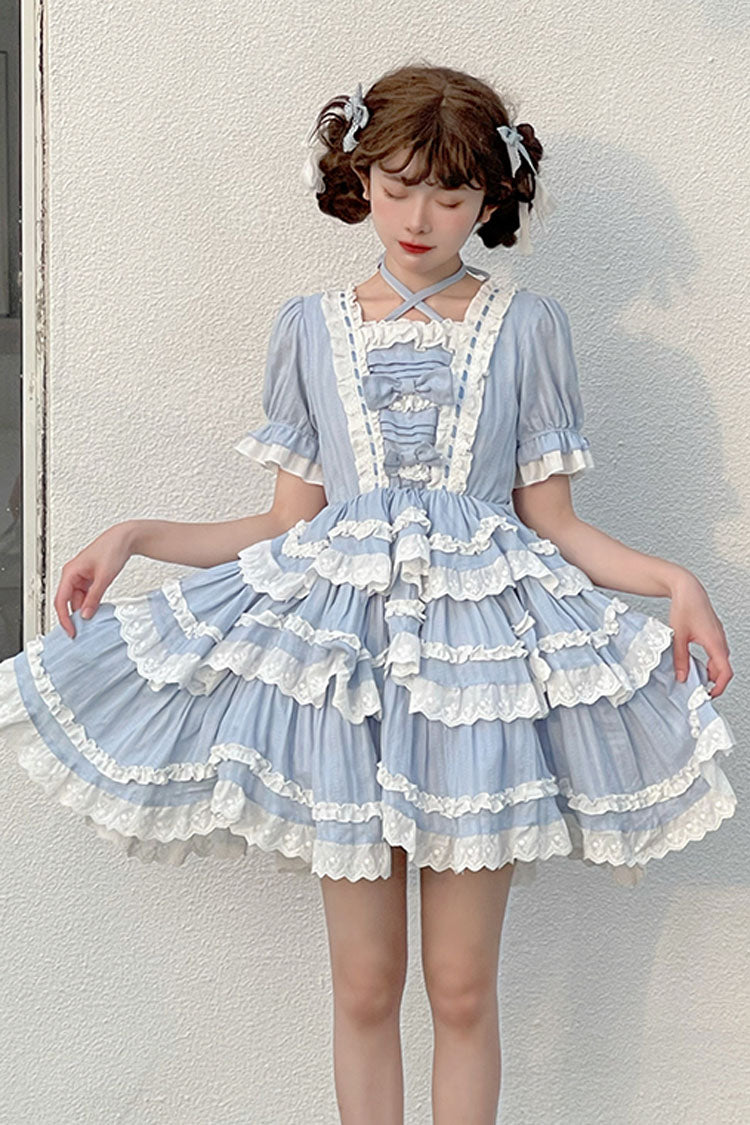 Blue Halter Lantern Short Sleeves Stitching Lace Ruffled Hanayome Sweet Lolita Op Tiered Dress - Product - 4