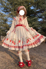 White Strawberry Print Ruffle Bowknot Sweet Lolita Dress Set - Product - 5