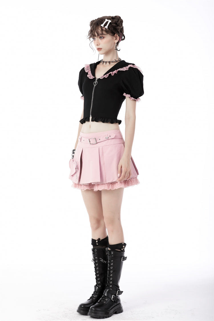 Black/Pink Short Puff Sleeves Lace Ruffled Lace-Up Zippered Women's Lolita Gothic Crop Top with Cat Hood - Product - 2