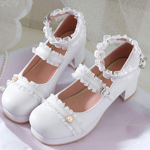 フリルレース シンプル エレガント 太ヒール クラシカルロリータシューズ 商品画像