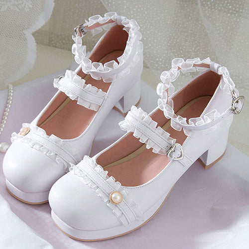 Frill Lace Simplicity Elegant Thick Heel Classic Lolita Shoes - Product - 7