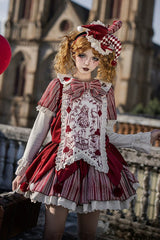 Red [Letters and Poems · Doll Mask] Poker Clown Long Sleeves Ruffled Bow Gothic Lolita Dress Set - Red(Set) - 1