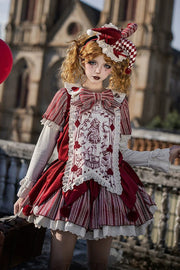 Red [Letters and Poems · Doll Mask] Poker Clown Long Sleeves Ruffled Bow Gothic Lolita Dress Set - Red(Set) - 1