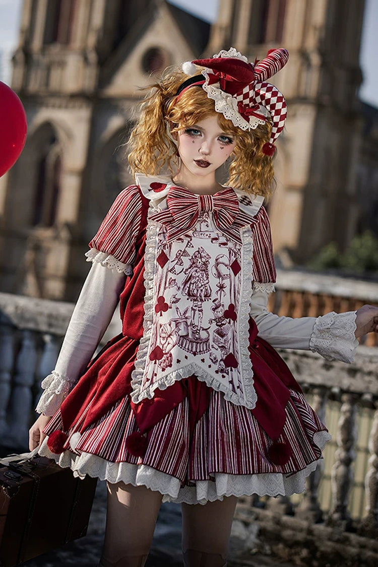 Red [Letters and Poems · Doll Mask] Poker Clown Long Sleeves Ruffled Bow Gothic Lolita Dress Set - Red(Set) - 1