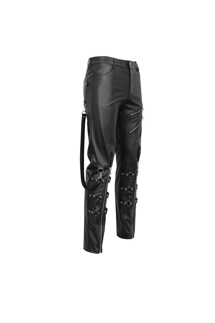 Black Removable Right Side Zipper Faux Leather Men's Punk Pants - Product - 7