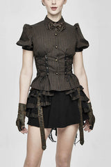 Brown Bubble Short Sleeves Striped Slim Womens Punk Blouse - Brown - 1