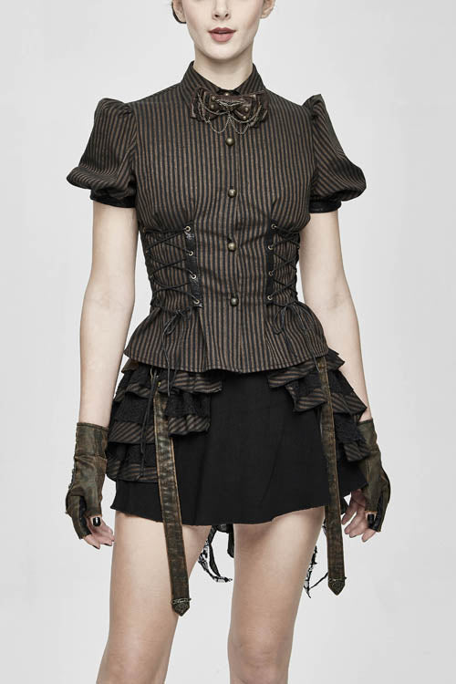 Brown Bubble Short Sleeves Striped Slim Womens Punk Blouse - Brown - 1