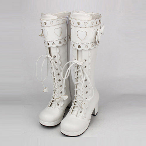 Lace Bowknot Heart Shaped Round Toe Sweet Lolita High Boots - White - 3