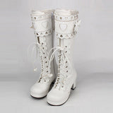 Lace Bowknot Heart Shaped Round Toe Sweet Lolita High Boots - White - 3