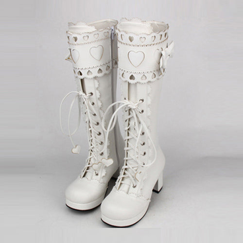 Lace Bowknot Heart Shaped Round Toe Sweet Lolita High Boots - White - 3