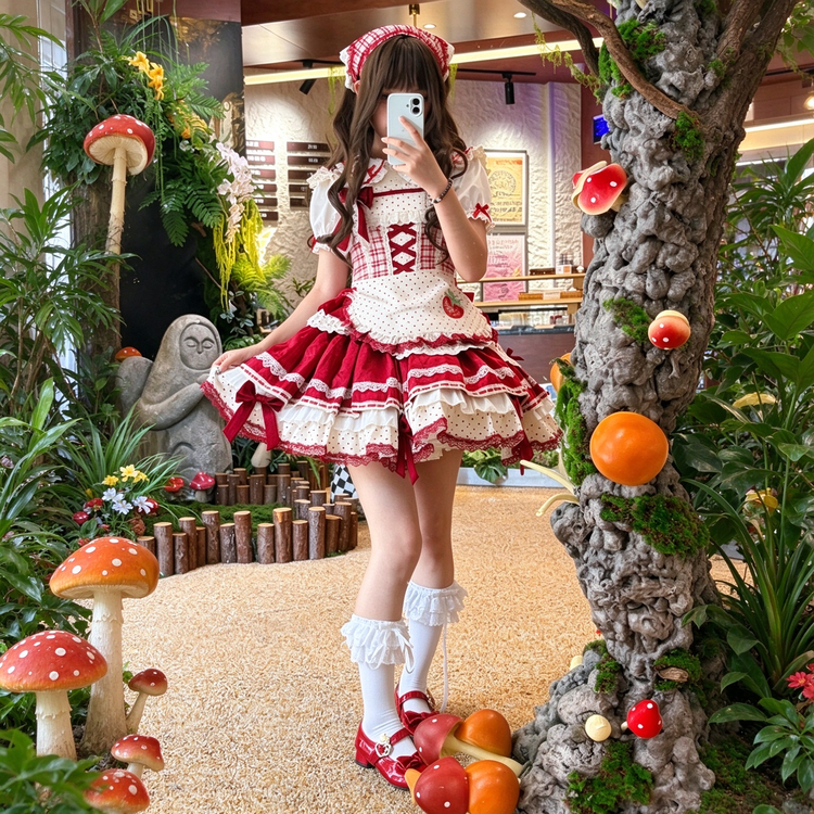Burgundy and Cream Strawberry Plaid Ruffled Sweet Lolita Dress with Apron Bow Accent - view 2