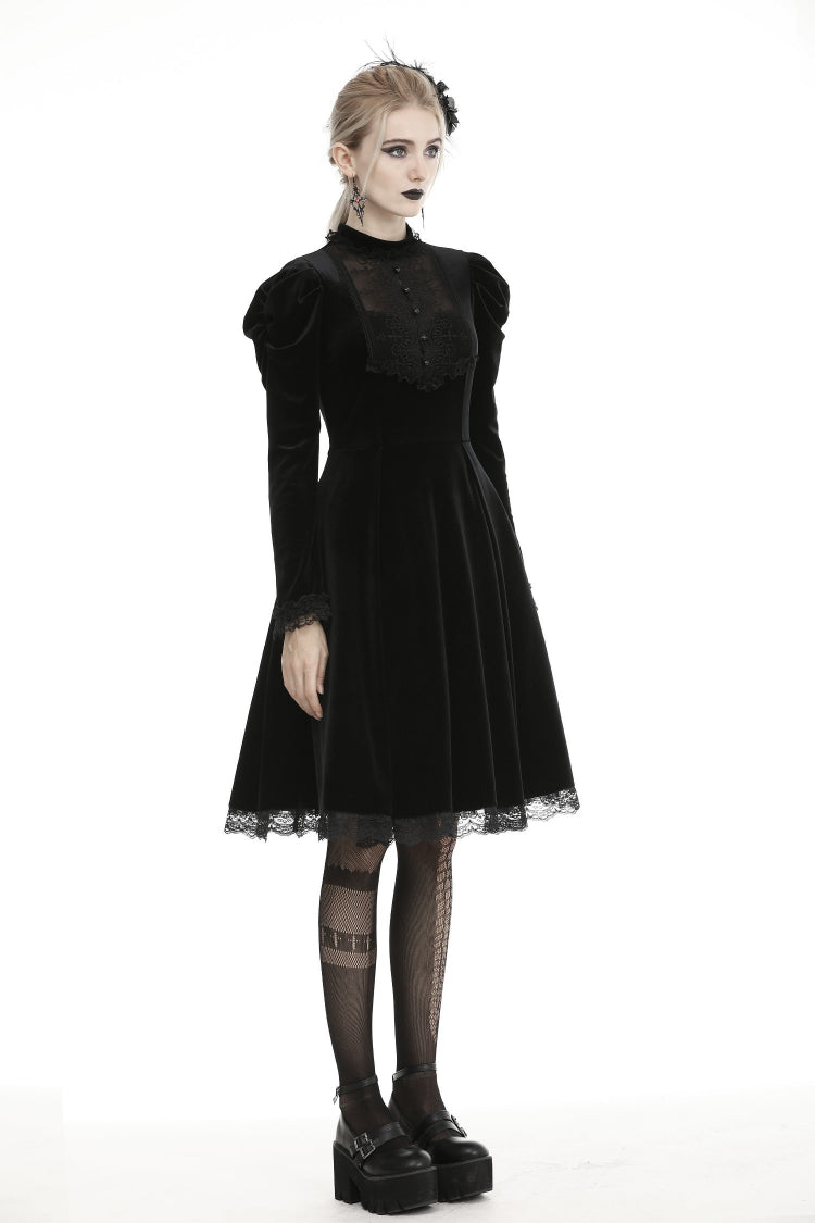 Black Lace Long Puff Sleeves Women's Gothic Velet Dress - Product - 13