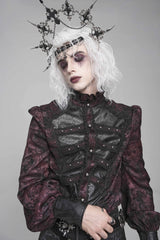 Black/Red Stand Collar Long Lantern Sleeves Floral Print Embroidery Men's Gothic Blouse - Product - 7