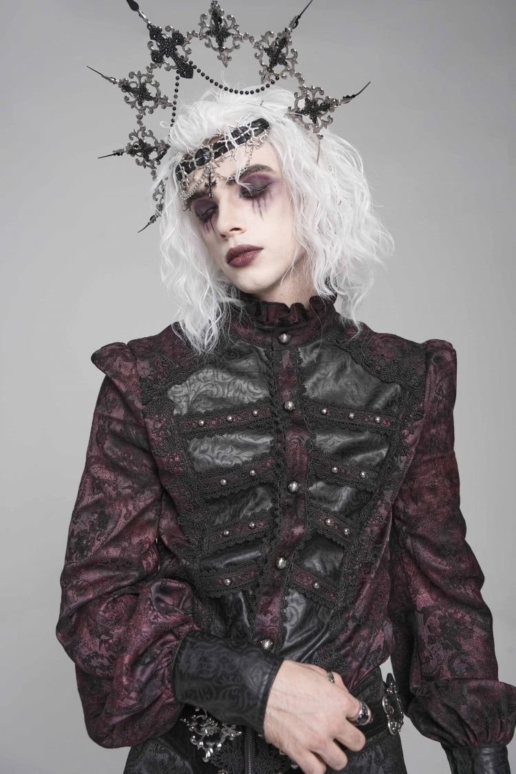 Black/Red Stand Collar Long Lantern Sleeves Floral Print Embroidery Men's Gothic Blouse - Product - 7