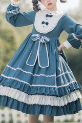 Blue Long Sleeves Bowknot Ruffled Multi-Layer Classic Lolita Op Dress - blue - 1