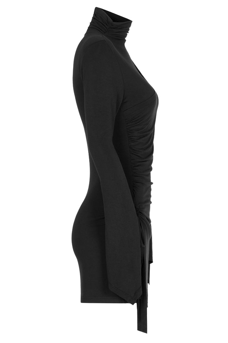 Black Cashmere Knitting Cross Fold Tie Rope Design High Collar Pleated Fit Women's Punk Dress - Product - 6