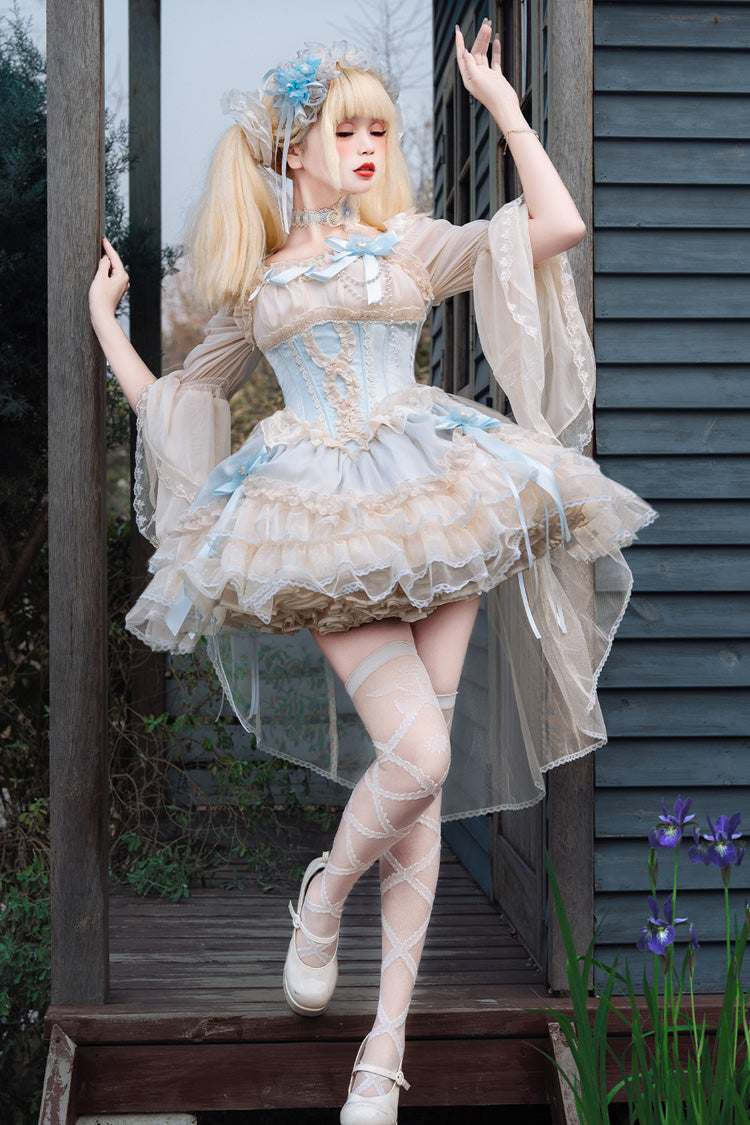 [Flowing Light Gift Box] Square Collar Sleeveless Multi-Layered Ruffled Bow Elegant Ballet Sweet Lolita Jsk Dress 6 Colors - Blue - 1