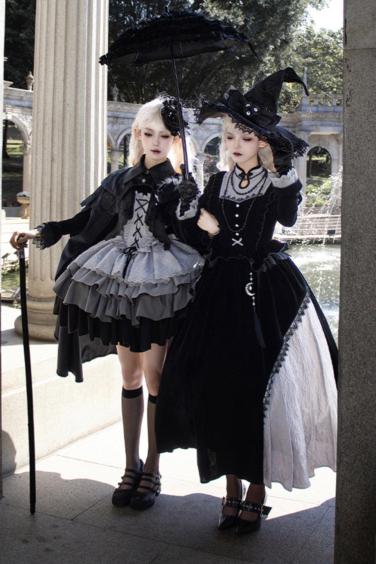 Black/Grey Witch Long Sleeves Gradient Multi-Layered Ruffle Bowknot Lace Gothic Chinese Style Lolita Dress - Product - 6