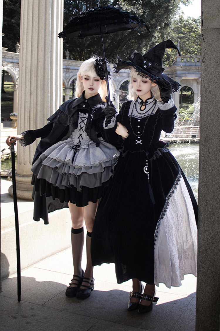 Black/Grey Witch Long Sleeves Gradient Multi-Layered Ruffle Bowknot Lace Gothic Chinese Style Lolita Dress - Product - 6