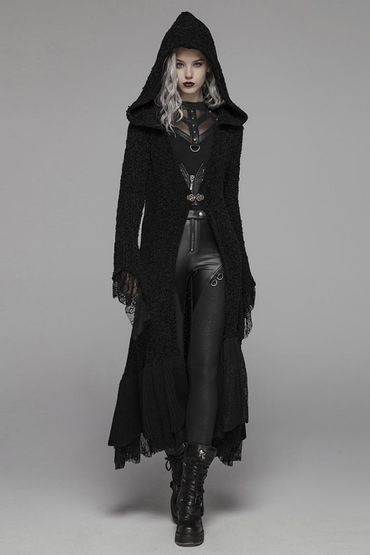 Black Long Sleeves Multi-layer Lace Hooded Women's Gothic Long Coat - Product - 4