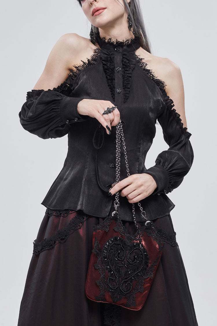 Black Lantern Sleeves Off The Shoulder Halter Lace Ruffled Women's Gothic Shirt - Black - 1