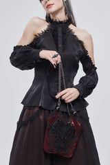 Black Lantern Sleeves Off The Shoulder Halter Lace Ruffled Women's Gothic Shirt - Black - 1