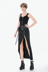 Black Women's Punk Eyelet Lace-Up Ripped Front Zippered Tank Top - Product - 8