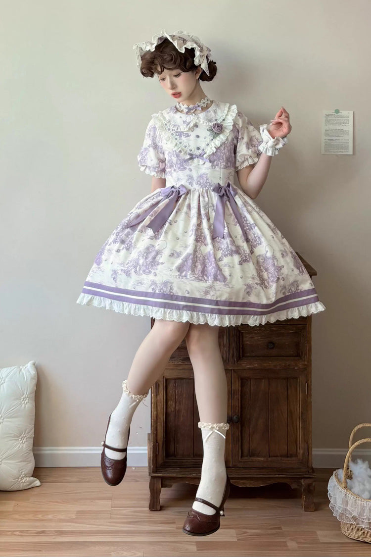 Purple [Grape Moon Almanac] Short Sleeves Multi-Layered Printed Ruffled Bow Sweet Lolita Dress - Product - 2