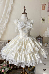 Beige [Sweet Mist Cherry Romance] Sleeveless Multi-Layered Hanayome Bow Lace Lolita Jsk Dress - Beige - 1