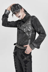 Black Long Sleeves Print Stitching Asymmetric Bullet Men's Punk Blouse - Product - 3