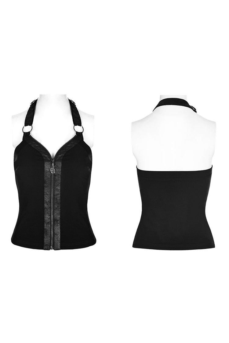 Black Halterneck Sleeveless Embroidery Zipper Backless Women's Punk Vest - Product - 3