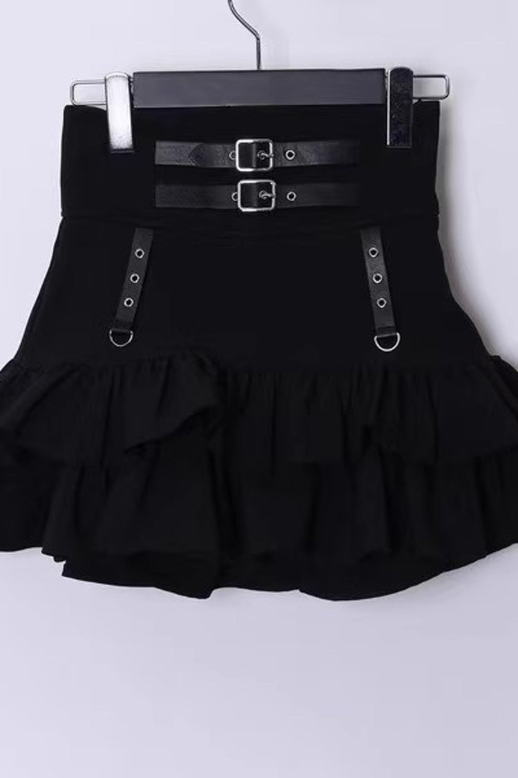 Black High Waisted Ruffle Leather Buckle Gothic Jirai Kei Japanese Skirt - Product - 3