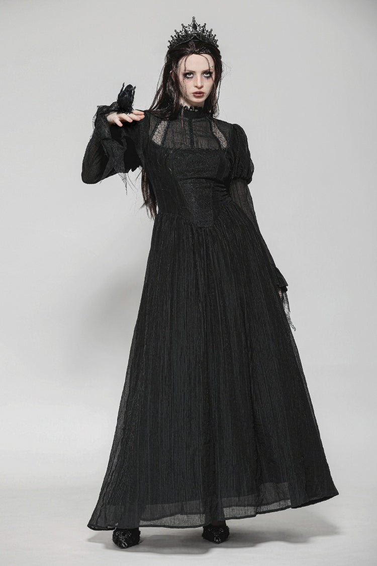 Black Women's Gothic Ruffled Stand Collar Long Puff Sleeves Spiderweb Splice Witch Maxi Dress - Product - 5