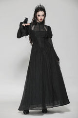 Black Women's Gothic Ruffled Stand Collar Long Puff Sleeves Spiderweb Splice Witch Maxi Dress - Product - 5