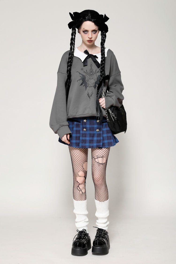 Grey Bowknot Peter Pan Collar Long Sleeves Bat Women's College Style Sweatshirt - Product - 11
