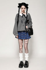 Grey Bowknot Peter Pan Collar Long Sleeves Bat Women's College Style Sweatshirt - Product - 11